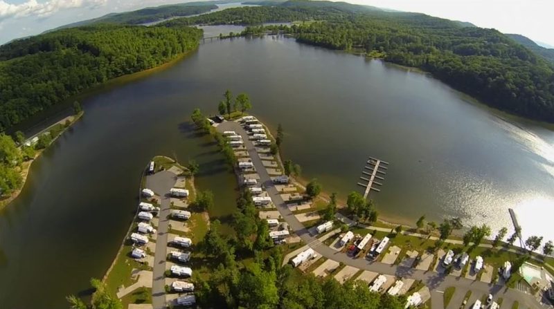 Aerial view of Caney Creek RV Resort's lakeside campsites on Watts Bar Lake