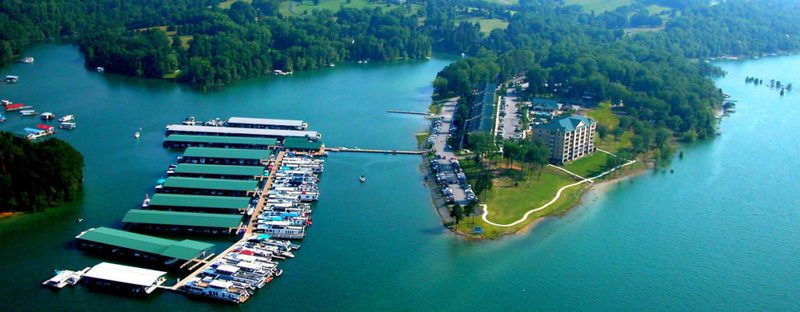 Aerial view of Waterside Marina's covered docks and condos