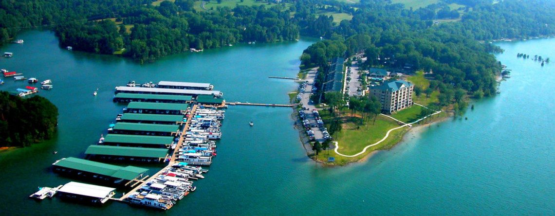 Aerial view of Waterside Marina's covered docks and condos